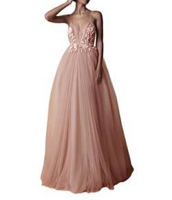 Onsoyours Damen Hochzeitskleid Einfarbig Kleider Ärmellos V-Ausschnitt Abendkleid Brautjungfernkleider Spitze Sexy Schlitz Maxikleid Freizeit Langes Kleid Rosa XS von Onsoyours