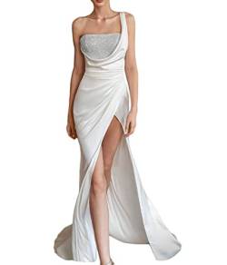 Onsoyours Damen Hochzeitskleid Einfarbig Kleider Ärmellos V-Ausschnitt Abendkleid Brautjungfernkleider Spitze Sexy Schlitz Maxikleid Freizeit Langes Kleid Weiß 12 XS von Onsoyours