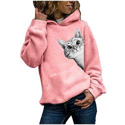 Onsoyours Damen Hoodie Kapuzenpullover Sweatshirt Langarmshirt Rundhals Lustiges Katzen Motive Drucken Hoodie Katzenpulli Casual Pulli mit Kordel und Taschen Herbst Winter B Rosa S von Onsoyours