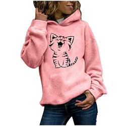 Onsoyours Damen Hoodie Kapuzenpullover Sweatshirt Langarmshirt Rundhals Lustiges Katzen Motive Drucken Hoodie Katzenpulli Casual Pulli mit Kordel und Taschen Herbst Winter C Rosa S von Onsoyours