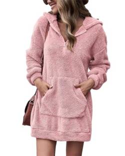 Onsoyours Damen Hoodie Oversized Kapuzenpullover-Kleid Einteiliges Teddy Fleece Minikleid Plüsch Winterkleid Herbstkleid Sweatshirtkleid Kapuzenjacke Langarm Sport A Rosa M von Onsoyours