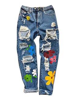 Onsoyours Damen Jeans Retro Hohe Taille Jeanshosen Frauen Sonnenblume Drucken Jeanshose Locker Lang Boyfriend Jeans Straight Z2 Dunkelblau XS von Onsoyours