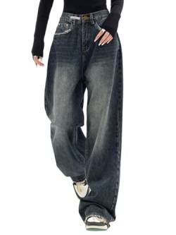 Onsoyours Damen Jeans Straight Baggy Cargohose Breites Bein Boyfriend Hose Locker Freizeithose Sommer Jeanshose Streetwear Cargo Jeans Denim A1 Dunkelblau S von Onsoyours