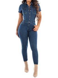 Onsoyours Damen Jeansoverall Jumpsuit Skinny Fit Denim-Overall Playsuit Jeans Hosenanzug Romper Damen Jeanslatzhose Latzhose Jeans Lange Hose Denim Overall A Dunkelblau 3XL von Onsoyours