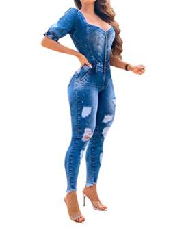 Onsoyours Damen Jeansoverall Jumpsuit Skinny Fit Denim-Overall Playsuit Jeans Hosenanzug Romper Damen Jeanslatzhose Latzhose Jeans Lange Hose Denim Overall E Blau L von Onsoyours