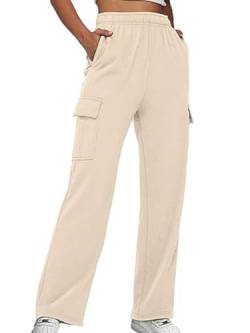 Onsoyours Damen Jogginghose Yogahose Weites Bein Freizeithose Trainingshose Sporthose Aktive Freizeit Gerades Bein Kordelzug Lose Lounge Pants mit Taschen Stretchbund Laufhose A Beige L von Onsoyours