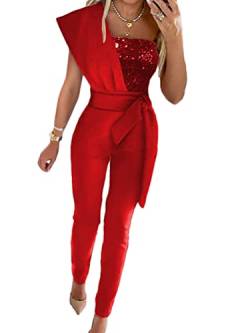 Onsoyours Damen Jumpsuit Einteiler Elegant Lässiger Overall Lang Hosenanzug Playsuit Jogginganzug Romper Casual Einfarbig Strampler Spielanzug Mit Gürtel A Rot XL von Onsoyours