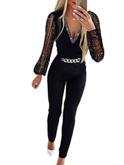 Onsoyours Damen Jumpsuit Einteiler Elegant Lässiger Overall Lang Hosenanzug Playsuit Jogginganzug Romper Casual Einfarbig Strampler Spielanzug Mit Gürtel B Schwarz 01 M von Onsoyours