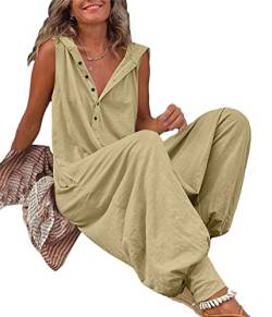 Onsoyours Damen Jumpsuits mit Kapuze Baggy Latzhose Overalls mit Tasche Ärmellos Dungaree Lang Playsuits Baggy Hosen Einfarbig Frühling Sommer Strandbekleidung Knopfleiste A Khaki M von Onsoyours