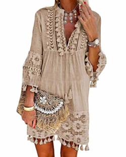 Onsoyours Damen Kleider Strand Elegant Casual A-Linie Kleid Quaste Spitze Langarm Sommerkleider Boho V-Ausschnitt Quaste Tunika Mini Kleider Vintage Minikleid Strandkleid (XXL, A Khaki) von Onsoyours