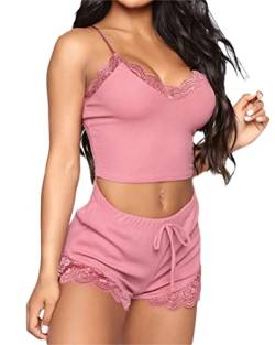 Onsoyours Damen Kurz Pyjama Satin Ärmellos Pyjamas Set Einfarbig Set Zweiteiliger Mit Damen Pyjamahose Und Cami Top Shorty Spitzen Sleepwear Loungewear B Rosa M von Onsoyours