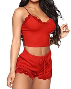 Onsoyours Damen Kurz Pyjama Satin Ärmellos Pyjamas Set Einfarbig Set Zweiteiliger Mit Damen Pyjamahose Und Cami Top Shorty Spitzen Sleepwear Loungewear B Rot M von Onsoyours