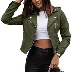 Onsoyours Damen Kurze Jacke Baumwolle Bikerjacke mit Reißverschluss Lederjacke Frauen Full Zip Herbst Frühling Motorradjacke A Grün M von Onsoyours