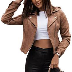 Onsoyours Damen Kurze Jacke Baumwolle Bikerjacke mit Reißverschluss Lederjacke Frauen Full Zip Herbst Frühling Motorradjacke A Khaki S von Onsoyours