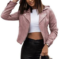 Onsoyours Damen Kurze Jacke Baumwolle Bikerjacke mit Reißverschluss Lederjacke Frauen Full Zip Herbst Frühling Motorradjacke A Rosa M von Onsoyours