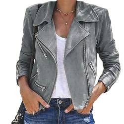 Onsoyours Damen Kurze Jacke Baumwolle Bikerjacke mit Reißverschluss Lederjacke Frauen Full Zip Herbst Frühling Motorradjacke Grau L von Onsoyours