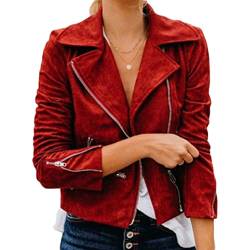 Onsoyours Damen Kurze Jacke Baumwolle Bikerjacke mit Reißverschluss Lederjacke Frauen Full Zip Herbst Frühling Motorradjacke Rot XL von Onsoyours