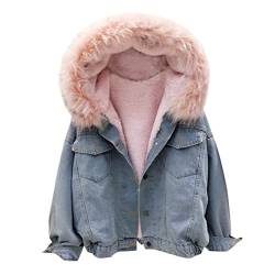 Onsoyours Damen Kurze Jeansjacke Winterjacke mit Fell Langarm Mantel Warme Fleecejacke mit Kapuze Herbst und Winter Outwear mit Taschen B Rosa L von Onsoyours