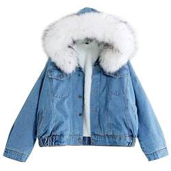 Onsoyours Damen Kurze Jeansjacke Winterjacke mit Fell Langarm Mantel Warme Fleecejacke mit Kapuze Herbst und Winter Outwear mit Taschen B Weiß L von Onsoyours