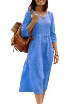 Onsoyours Damen Lässiges Baumwoll-Leinenkleid Summer Solid Plus Size Lose Kleider Damen Elegantes Langarm-Midikleid Blau 3XL von Onsoyours