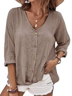 Onsoyours Damen Langarmshirt Leinen Bluse Langarm Lose Leinenbluse V-Ausschnitt Knopf Einfarbig Hemd Shirt Oberteile Tunika Top A Khaki S von Onsoyours