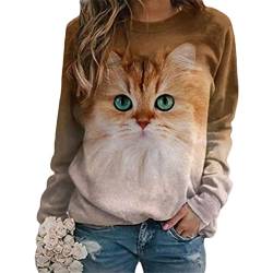 Onsoyours Damen Langarmshirt Süße Katze Tier Drucken 3D Druck Katzen-Muster Gestreift Rundhals Lange Pulli Herbst Kapuzenpullover Tshirt Herbst Shirts Hemd Rundhals Pullover Y Stil-7 XXL von Onsoyours