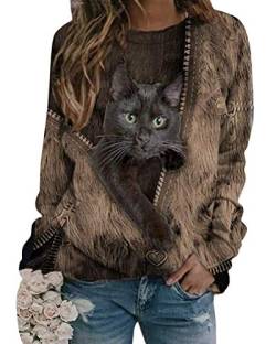 Onsoyours Damen Langarmshirt Süße Katze Tier Drucken Gestreift Rundhals V-Ausschnitt-Sweater Pullover T-Shirt Top Lose Weiche H Blau S von Onsoyours