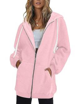 Onsoyours Damen Lange Hoodie Zip Sweatjacke Langarmshirt Kapuzenpullover mit Reißverschluss Sweatshirtjacke Pullover Oberteile Kapuzenpullover mit Tasche Herbst Winter A Rosa XS von Onsoyours