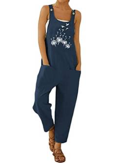 Onsoyours Damen Latzhose Beiläufig Boho Blumendruck Hosen Rompers Retro Lose Lange Jumpsuit mit Tasche Eleganter Baumwolle Leinen Strampler Overall Wide Leg Playsuit C Dunkelblau L von Onsoyours