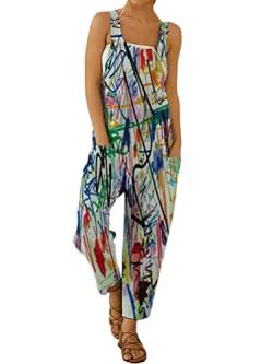 Onsoyours Damen Latzhose Beiläufig Boho Blumendruck Hosen Rompers Retro Lose Lange Jumpsuit mit Tasche Eleganter Baumwolle Leinen Strampler Overall Wide Leg Playsuit C Graffiti S von Onsoyours