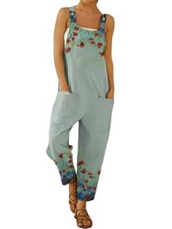 Onsoyours Damen Latzhose Beiläufig Boho Blumendruck Hosen Rompers Retro Lose Lange Jumpsuit mit Tasche Eleganter Baumwolle Leinen Strampler Overall Wide Leg Playsuit C Grün S von Onsoyours