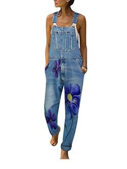 Onsoyours Damen Latzhose Retro Jeanshose Blumen Trägerhose Hoseanzug Denim Overall Gerades Bein Zerrissen Lang Trägerhose Ärmellos Locker mit Taschen E Blau X-Large von Onsoyours