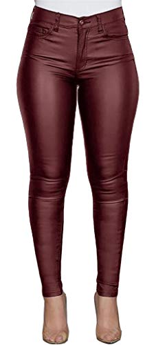 Onsoyours Damen Lederhose Sexy Skinny Legging Stretch PU Leder Look Optik Schwarz Schlank Hose Kunstlederhose Treggins Push Up Biker Pants Einfarbig Beiläufig Frauen Hose Weinrot M von Onsoyours