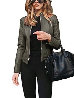 Onsoyours Damen Lederjacke Kurz aus Kunstleder mit Reißverschluss Regular Fit Jacke Übergangsjacke A Armeegrün XL von Onsoyours