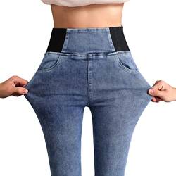 Onsoyours Damen Leggings Jeans-Look High Waist Jeggings Stretch Jeans Hose Blickdicht Einfarbig Yogahosen Kompressions Fitnesshosen für Gym Laufen Fitness A Blau XXL von Onsoyours