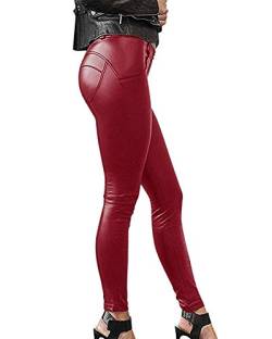 Onsoyours Damen Leggings Lederoptik Hose Sexy Damen Faux PU Leder Leggins Hohe Taille Hüfthoch Strumpfhose Hose Bleistifthose Freizeithose A Weinrot M von Onsoyours