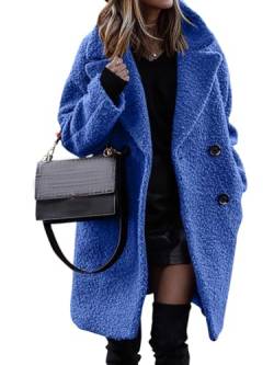 Onsoyours Damen Mantel Einfarbig Lang Plüschjacke Frau Wintermantel Warm Fleece Cardigan Revers Jacke Mit Taschen Parka Winter Jacken B Blau L von Onsoyours