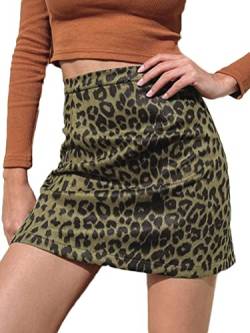 Onsoyours Damen Minirock mit Hoher Taille Wildlederimitat Figurbetonter Kurzer A-Linie Rock Paket Hüfte Unregelmäßig überkreuzt Bleistiftrock Schirmrock aus Kord A Leopard Dunkelgrün L von Onsoyours