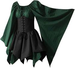 Onsoyours Damen Mittelalter Kleid mit Trompetenärmel Gebunden Taille Gothic Retro Midi Kleid Renaissance Cosplay Kostüm Kleid Karneval Halloween Party B Grün 01 XXL von Onsoyours