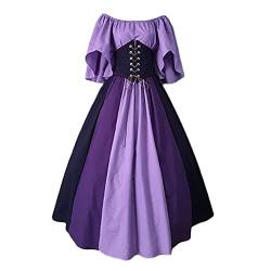 Onsoyours Damen Mittelalterliche Vintage Kleid Kurzarm Schnürung Mittelalter Ballkleider Maskerade Retro Halloween Party Cosplay Kostüm Maxikleid Violett XS von Onsoyours