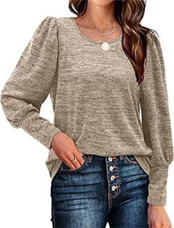 Onsoyours Damen Oberteile Rundhals Langarm Puffärmel Freizeit Tunika Lässige Elegant Lose Einfarbig Langarmshirt Bluse Tops mit Button A Khaki XXL von Onsoyours