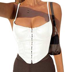 Onsoyours Damen PU Leder Crop Top Schnüren Spaghettiträger Bustier Korsett Unterbrust Taille Tanktops Rückenloses Cami Shirt Streetwear B Weiß L von Onsoyours