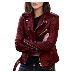 Onsoyours Damen PU Lederjacke Bikerjacke mit Reißverschluss Kurze Jacke Herbst Frühling Lederjacke im Bikerjacke (L, B Weinrot) von Onsoyours