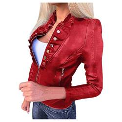 Onsoyours Damen PU Lederjacke Bikerjacke mit Reißverschluss Kurze Jacke Herbst Frühling Lederjacke im Bikerjacke A Rot XL von Onsoyours