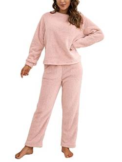 Onsoyours Damen Pyjama Fleece Set Lang Nachtwäsche Winter Warm Hausanzug Zweiteiliger Schlafanzug Langarm Shirt und Pyjamahose A Rose XS von Onsoyours