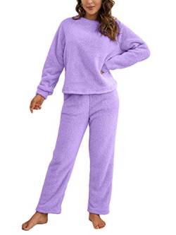 Onsoyours Damen Pyjama Fleece Set Lang Nachtwäsche Winter Warm Hausanzug Zweiteiliger Schlafanzug Langarm Shirt und Pyjamahose A Violett S von Onsoyours