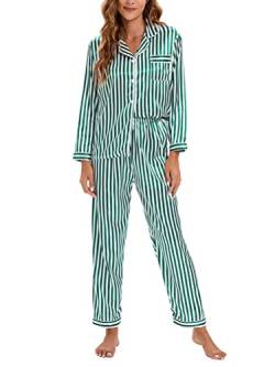 Onsoyours Damen Pyjama Set Schlafanzug mit Knopfleiste Sleepwear Set Nachtwäsche PJ Set mit Langarm Shirt B Grün XL von Onsoyours