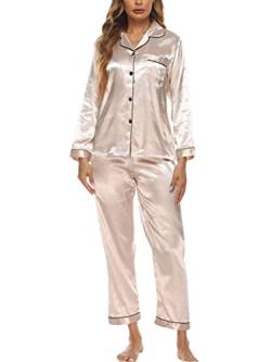 Onsoyours Damen Pyjama Set Schlafanzug mit Knopfleiste Sleepwear Set Nachtwäsche PJ Set mit Langarm Shirt C Aprikose M von Onsoyours