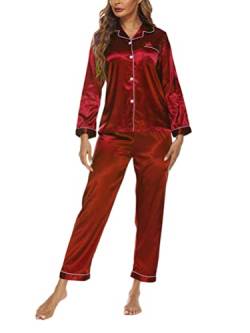 Onsoyours Damen Pyjama Set Schlafanzug mit Knopfleiste Sleepwear Set Nachtwäsche PJ Set mit Langarm Shirt C Rot M von Onsoyours