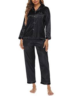 Onsoyours Damen Pyjama Set Schlafanzug mit Knopfleiste Sleepwear Set Nachtwäsche PJ Set mit Langarm Shirt C Schwarz XXL von Onsoyours